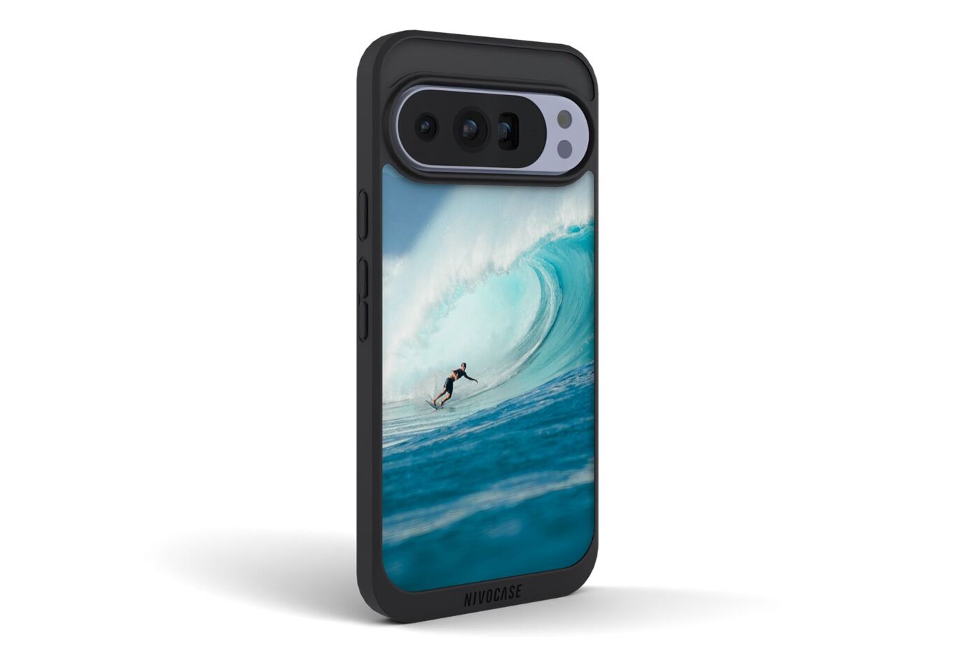 Schwarze Handyhülle für Google Pixel Pro mit personalisiertem Surf-Motiv und großer Welle.